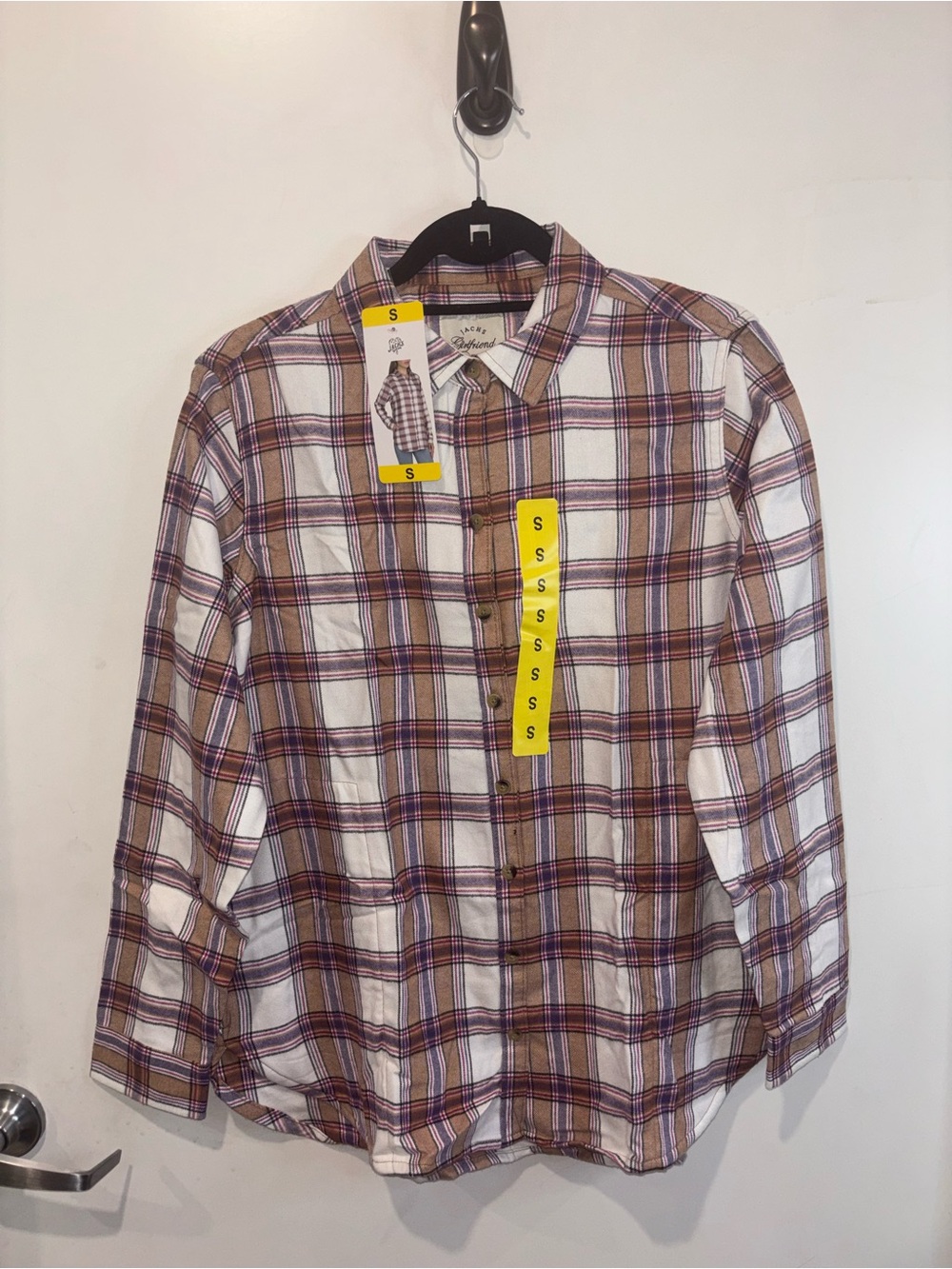 JACHS Girlfriend Plaid Button-Down Shirt in Brown, White & Purple